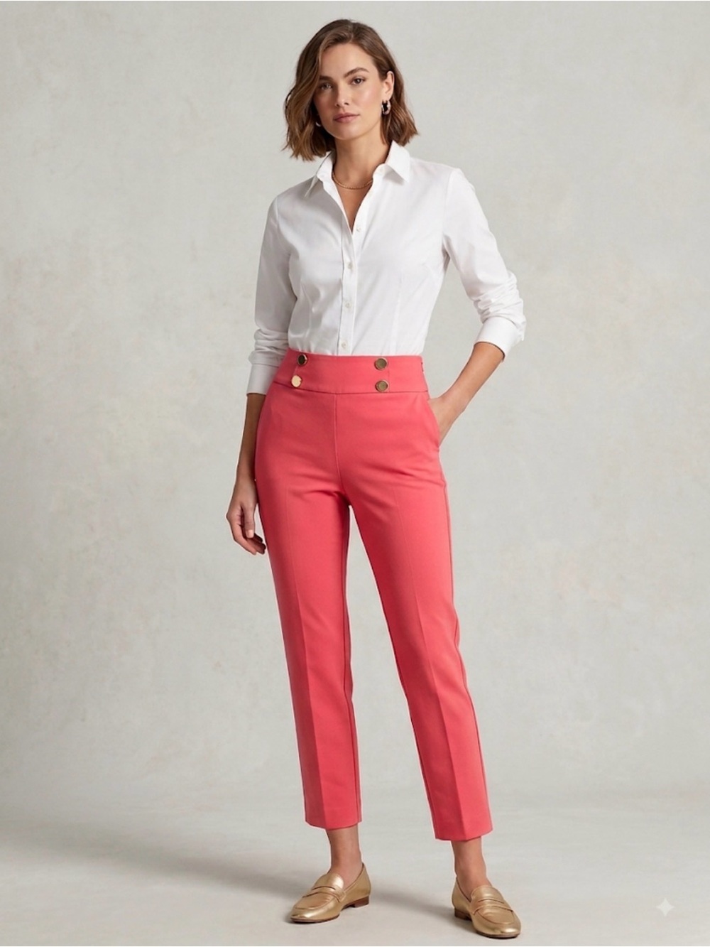 Melanie Lyne High-Rise Coral Cropped Pants with Gold Buttons